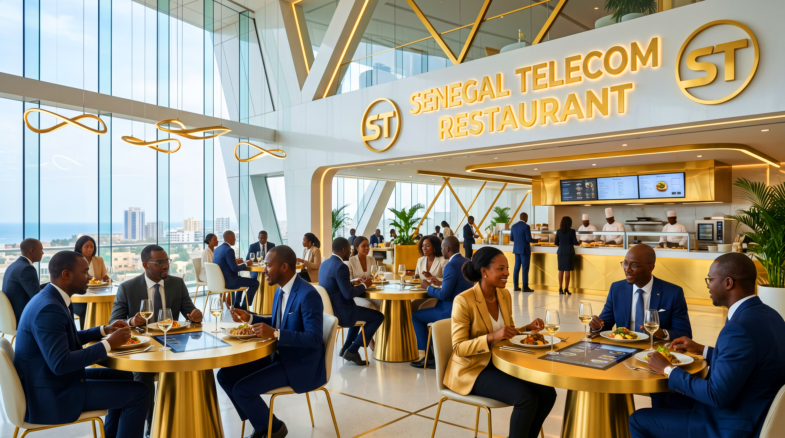 Senegal Telecom Restaurant — salle élégante avec vue panoramique sur l'Atlantique